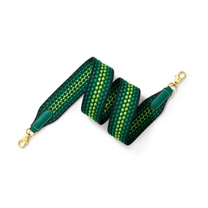 Adjustable wide woven shoulder strap in dark green with gold rotating metal clips