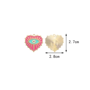 Pink heart evil eye enamel charms with gold eyelashes and sunburst pattern on back