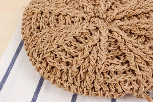 Detail shot of the tight weave pattern and zipper closure on the round straw paper bag
