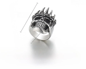 Detailed size specifications for skull ring with crown, 35mm height and stainless steel material