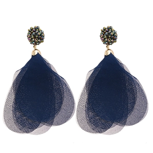 Exotic crystal lace petal tassel earrings with dark blue mesh layers and bead clusters