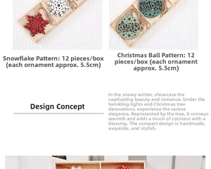 Detailed view of 5.5cm laser-cut wooden XMAS snowflake and ball ornaments in a 12-piece set