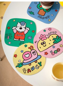 Close-up of four colorful mushroom-style diatomite coasters in square and round shapes