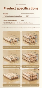 Detailed size chart showing double-layer PET egg storage box dimensions and capacities