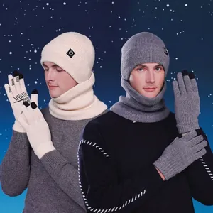 Knitted Beanie Hat Neck Warmer And Touchscreen Gloves Winter Warm Fleece Lined Outdoor Accessories For Men Women