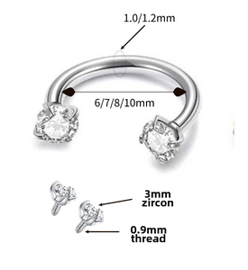Detailed size chart of F136 titanium horseshoe ring with 3mm zircon and 0.9mm thread