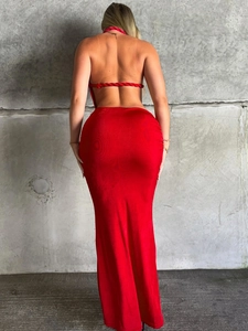 Sexy red backless halter evening dress with rope lace-up design and slim fit silhouette