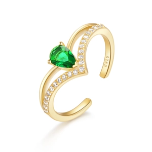 Adjustable 925 sterling silver ring with pear-cut green gemstone and cubic zirconia