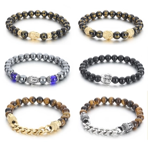 Beaded Bracelet Tiger Eye Stone Agate Obsidian Stainless Steel Buddha Head Six Character Mantra Retro Stretch Jewelry
