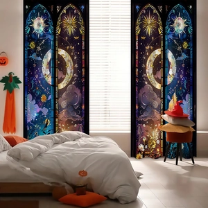 Detail of bedroom blackout curtains featuring stained glass moon and star art print