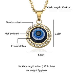 Dimensions détaillées du collier pendentif œil de démon en acier plaqué or 18K