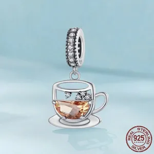 Exquisite 925 sterling silver coffee cup charm with amber gemstone and white zircon stones