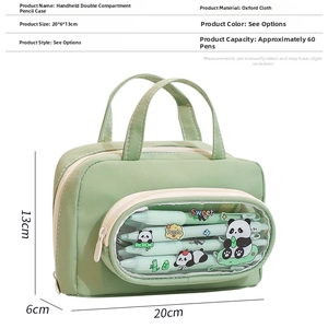 Detail of light green Oxford pencil case with double compartments and clear panda window