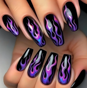 Detail of long coffin press-on nails with vibrant purple and blue gradient flame design