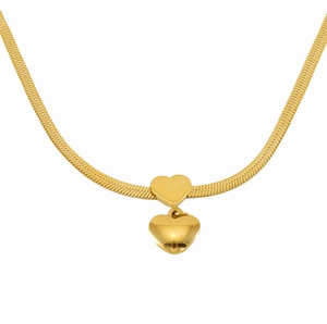 Detail of gold herringbone chain necklace with 18K polished double heart pendants