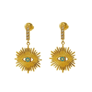Gold plated stainless steel evil eye sunburst earrings with crystal accents on white background