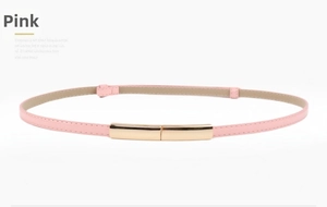 Close-up of pink slim patent leather belt for women with a gold rectangular metal buckle