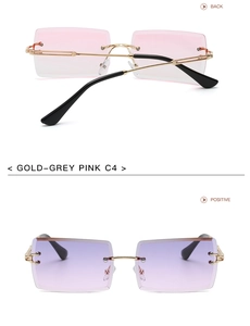 Detailed front and back views of rimless rectangular sunglasses with pink purple lenses