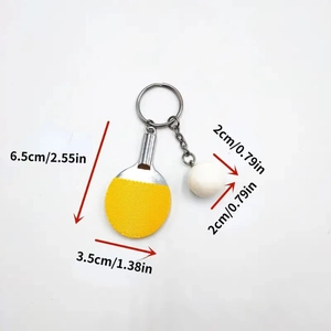 Detailed size specifications for the mini table tennis racket and ball keychain