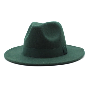 Detail of dark green wool fedora with wide brim and matching grosgrain ribbon