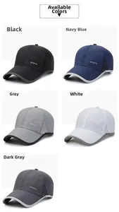 Quick-dry sports baseball caps shown in black, navy, grey, white and dark grey colors
