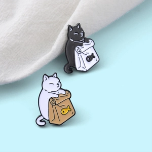Cute black and white cat enamel pins with fish bags for clothing decoration