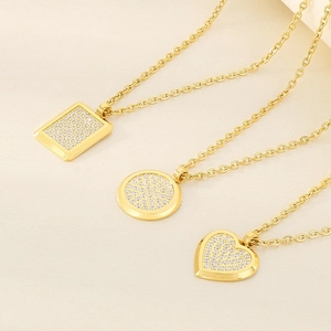 Golden titanium steel necklaces with heart, round, and square crystal pavé pendants