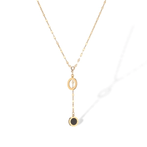 Elegant gold plated titanium steel necklace with geometric double rings and black inlay
