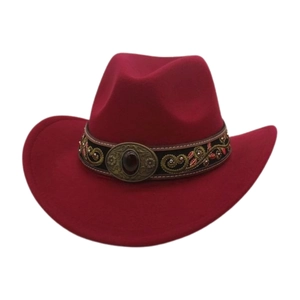 Close-up of wine red western cowboy felt hat with ethnic embroidery and bronze buckle detail