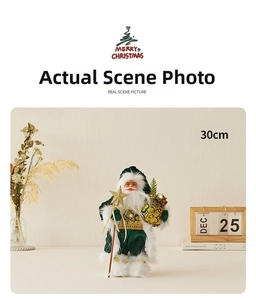 Detailed view of 30cm Santa Claus figure with gold staff and green embroidered robe
