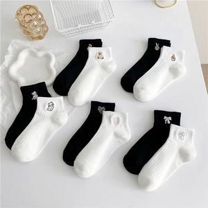 Black and white cotton ankle socks for women with cute animal embroidery icons