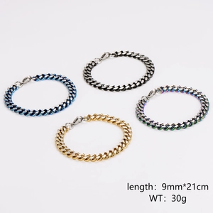 9mm stainless steel Cuban link bracelets in gold, black, blue, and multi-color finishes