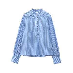 Blue and white striped cotton blouse with elegant pie-crust collar and ruffled neckline