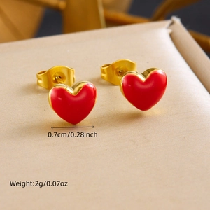 Close-up of red heart stud earrings with gold plating and enamel finish, size 0.7cm