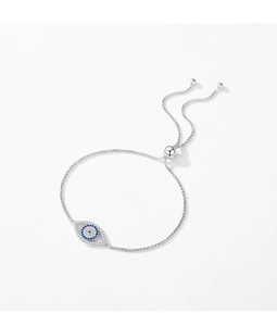 Detail of s925 silver Evil Eye bracelet with blue crystal inlay and adjustable sliding clasp