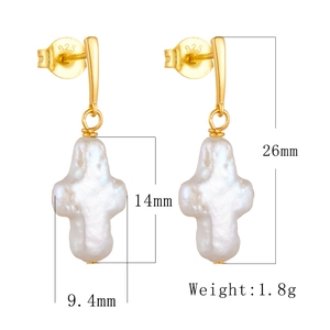 Detailed view of gold cross pearl earrings with 925 silver stamp and dimension measurements