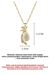 Detailed size view of bird pendant with drop-shaped cat eye stone and cubic zirconia