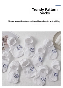 Detail of white cotton low-cut boat socks with breathable holes and cute animal embroidery