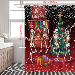 Christmas shower curtain featuring dancing skeletons by a festive tree, size 180x180cm