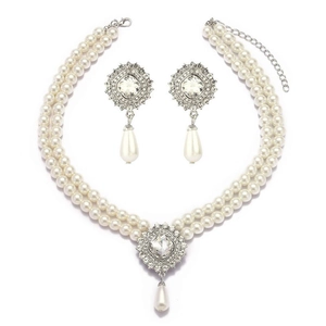 Elegant double-layer pearl necklace and drop earring set with sparkling crystal pendants