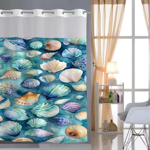 Detail of seashell shower curtain with watercolor marine life pattern and metal grommets