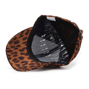 Detailed interior of leopard print baseball cap with 100% polyester wash label