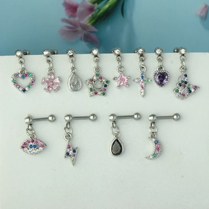 Set of 12 stainless steel cartilage studs featuring colorful cubic zirconia pendants
