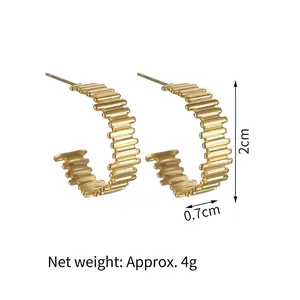 Fashionable golden C-shaped stainless steel earrings with ribbed texture design
