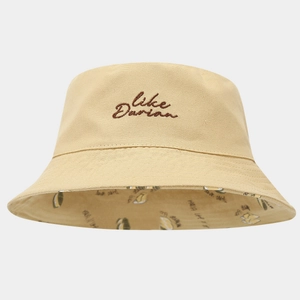 Detail of Like Durian embroidery on khaki canvas bucket hat with durian print lining