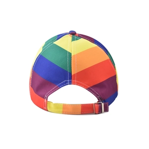 Detail view of colorful rainbow baseball cap with adjustable metal buckle and strap