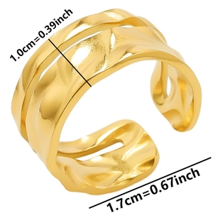 Detailed view of golden stainless steel ring with textured surface and size measurements