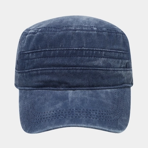 Vintage washed dark blue cotton cadet cap with flat top and stitched brim for unisex outdoor wear