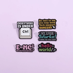 Set of 5 colorful enamel lapel pins with creative tech and programming humor quotes