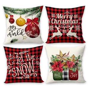 Set of 4 Christmas pillow covers with gingerbread man and buffalo plaid prints